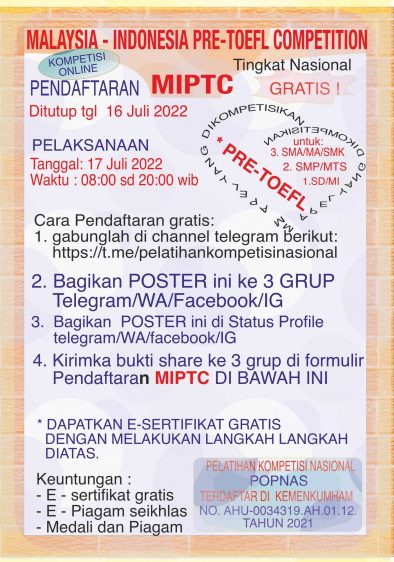 Pendaftaran kompetisi malay-indo pre-toefl competition – miptc