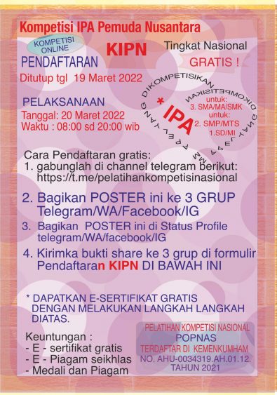 Pendaftaran Kompetisi Ipa Pemuda Nusantara - Kipn